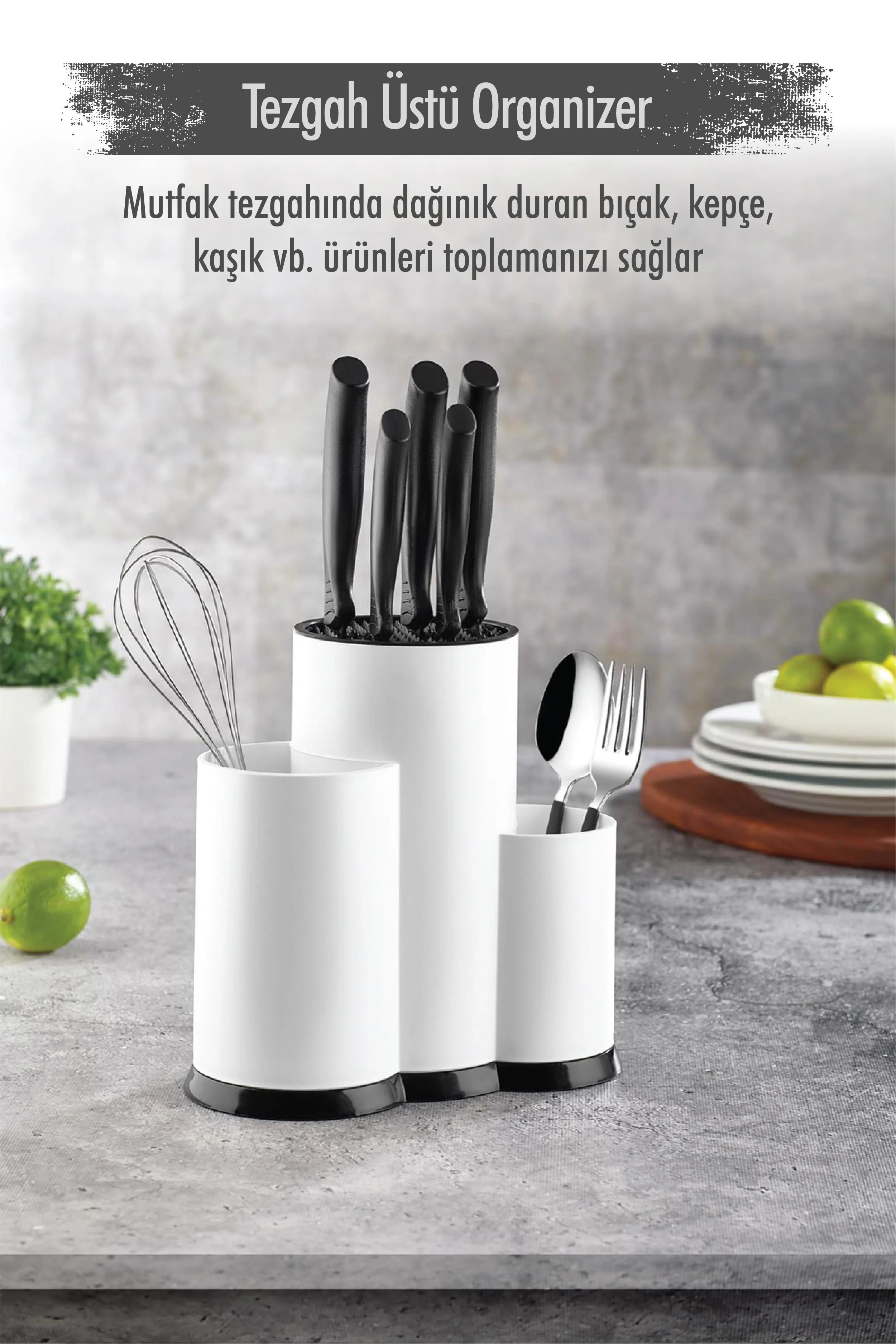 Tezgah Üstü Kaşıklık & Bıçaklık & Kepçelik Organizer - Beyaz Mutfak Düzenleyici