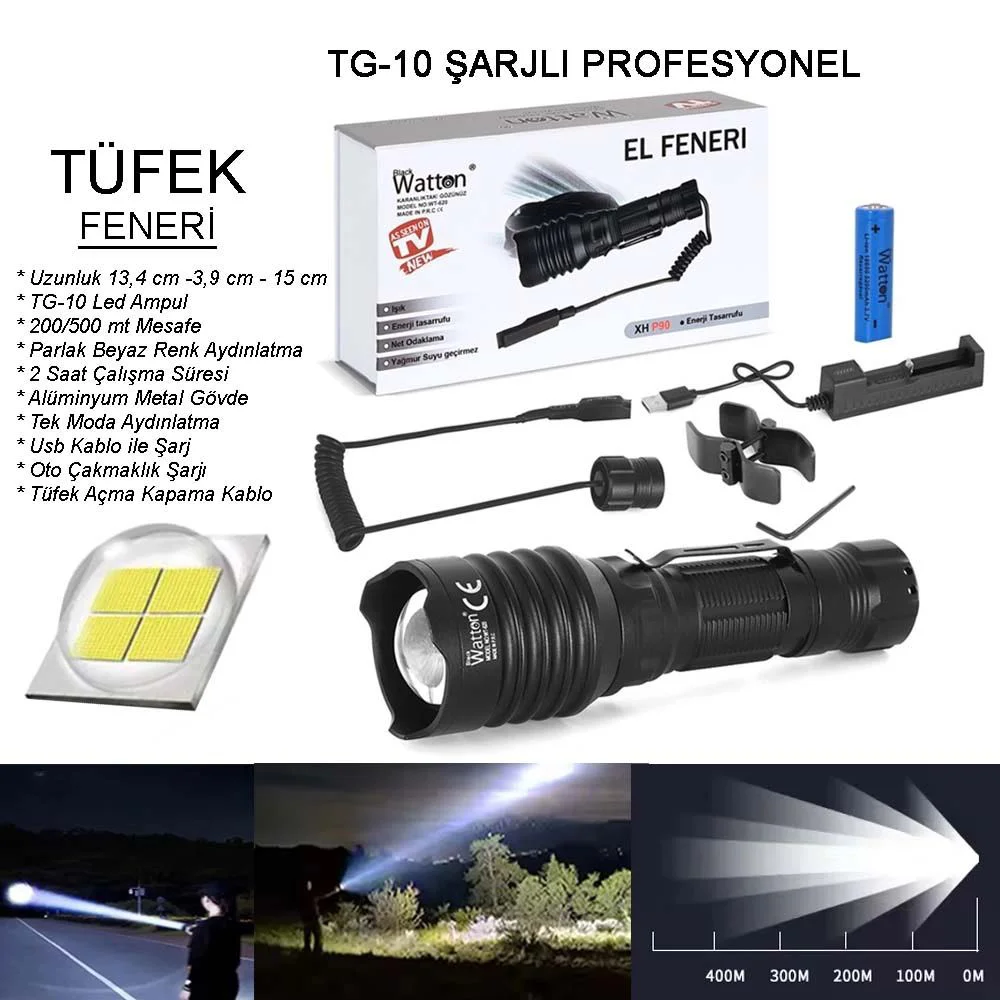 TG-10 Şarjlı Profesyonel Av Feneri Wt-620 – 500m Menzil, 100.000 Saat Ampül Ömrü Fiyatı, Yorumları ve Özellikleri