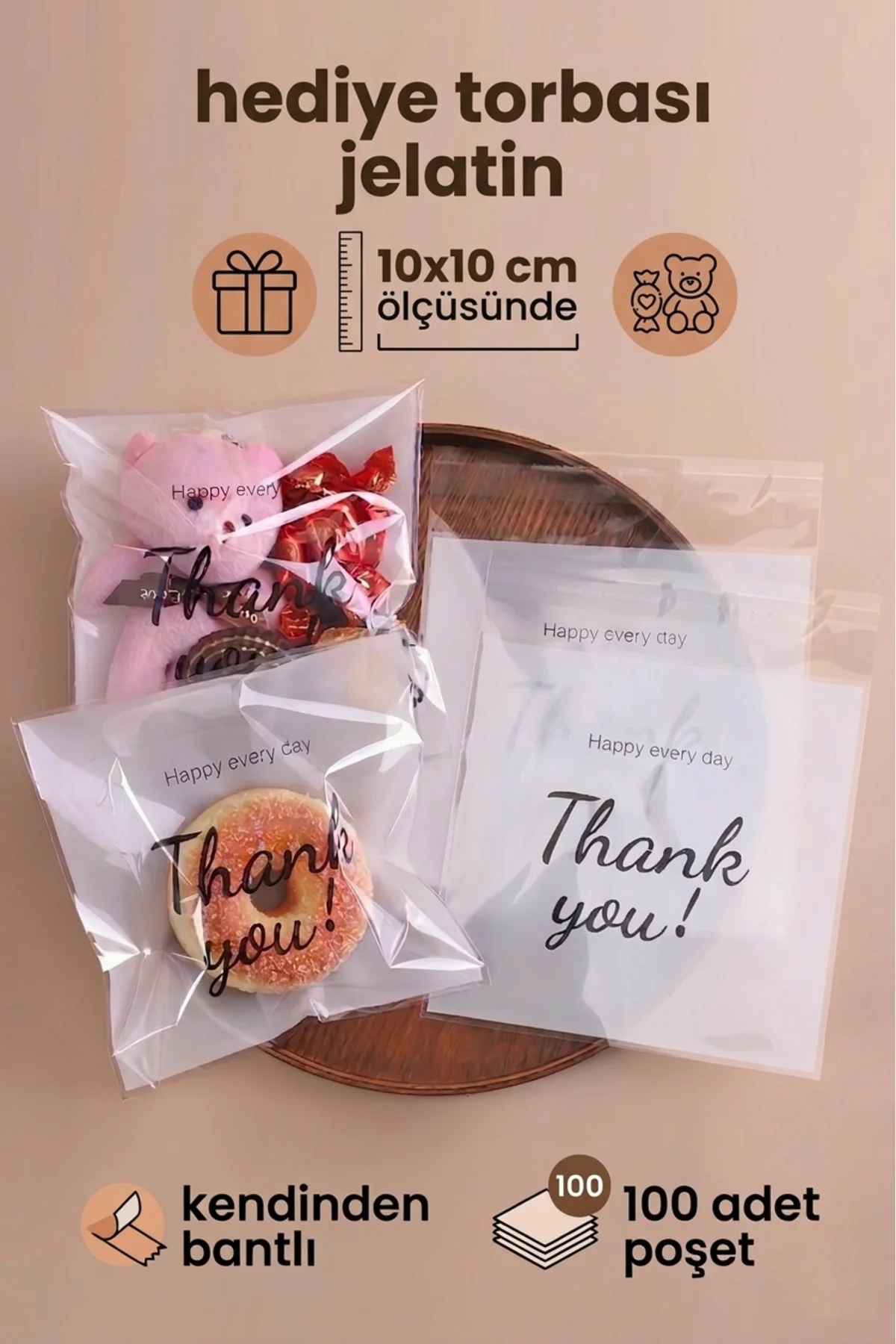 Thank You Baskılı 50 adet Kendinden Yapışkanlı Şeffaf Hediye Poşe