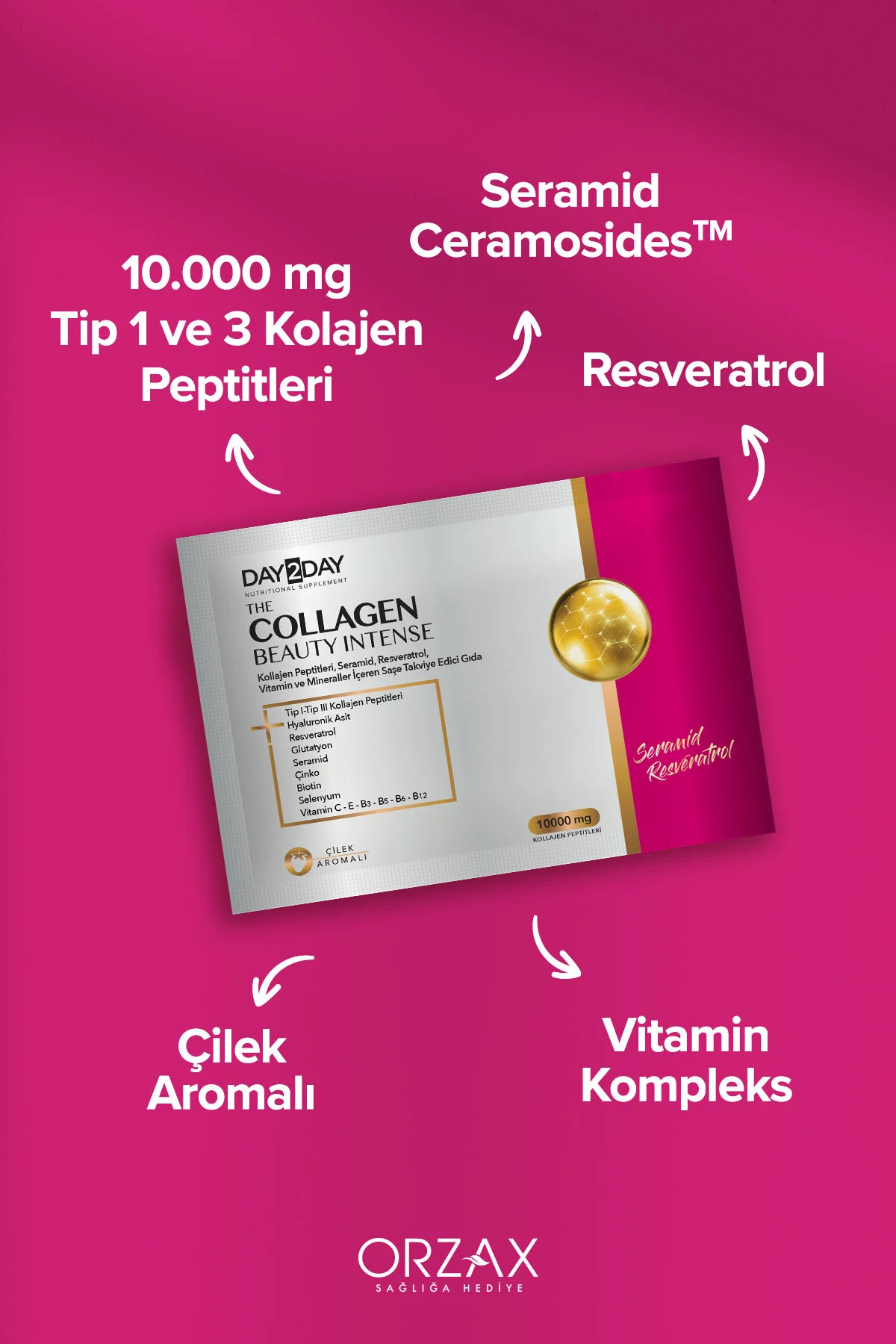The Collagen Beauty Intense Tip 1-3 Kolajen-Çilek Aroma-Seramid, C, B3, B5, B6, B12Vitamini, 30 Saşe