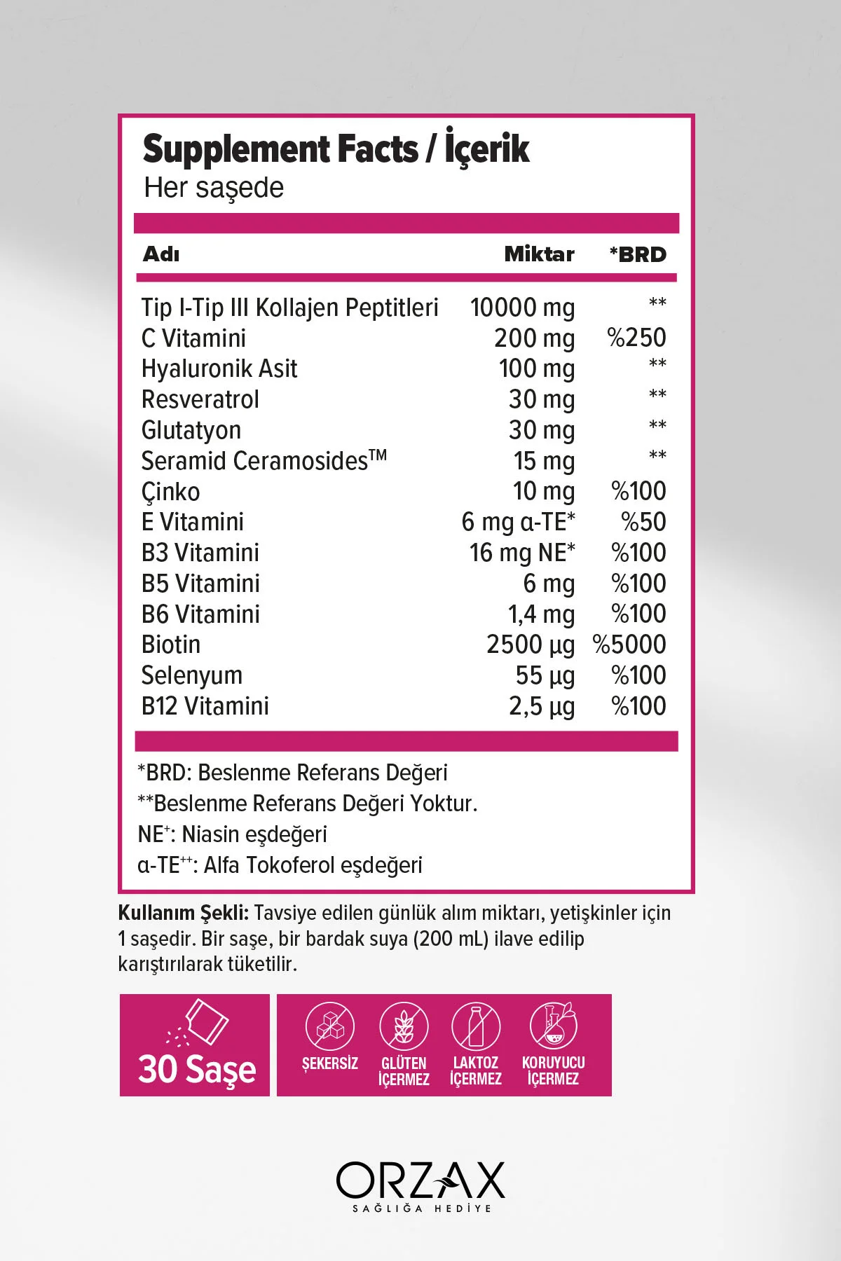 The Collagen Beauty Intense Tip 1-3 Kolajen-Çilek Aroma-Seramid, C, B3, B5, B6, B12Vitamini, 30 Saşe