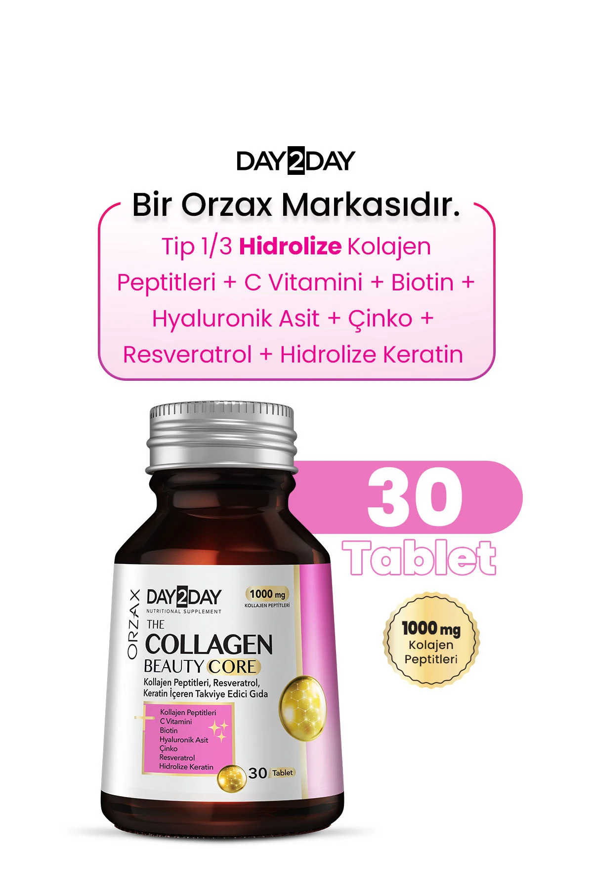 The Collagen Beauty Core Kolajen Tip 1-3, Resveratrol, Keratin, Biotin, C Vitamini, Çinko 30 Tablet