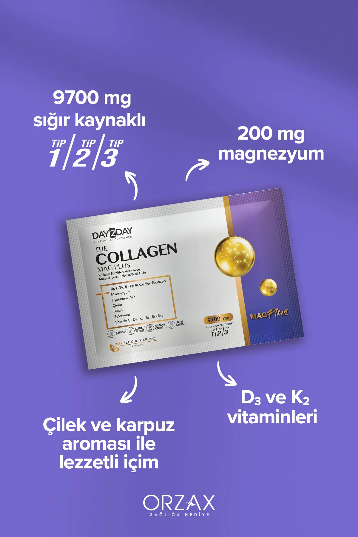 The Collagen Mag Plus Tip 1-2-3 Kolajen-Çilek Karpuz-Magnezyum,HA,C-D3-K2-B5-B6-B12 Vitamin 30Saşe