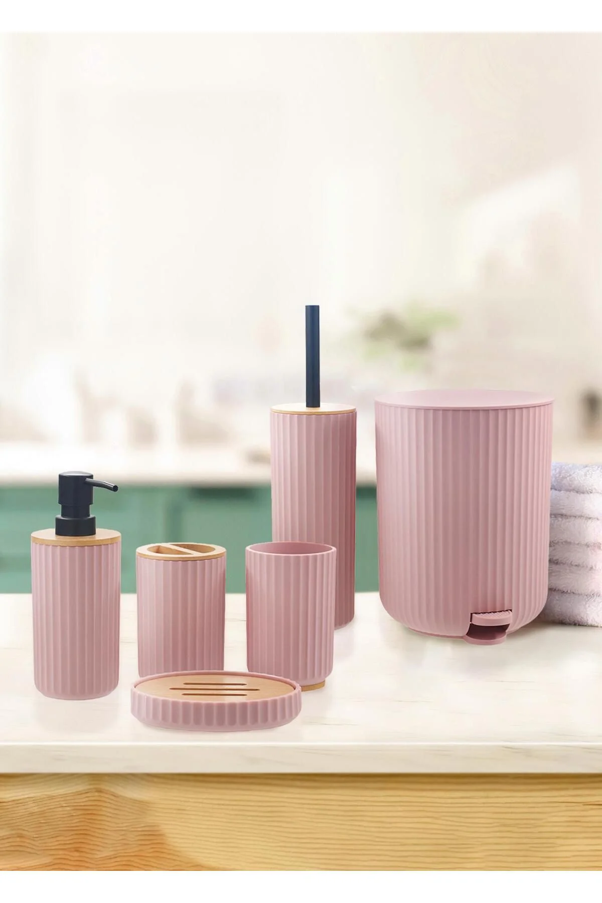 THE MİA STRİPE BANYO SETİ PEMBE 6 PARÇA
