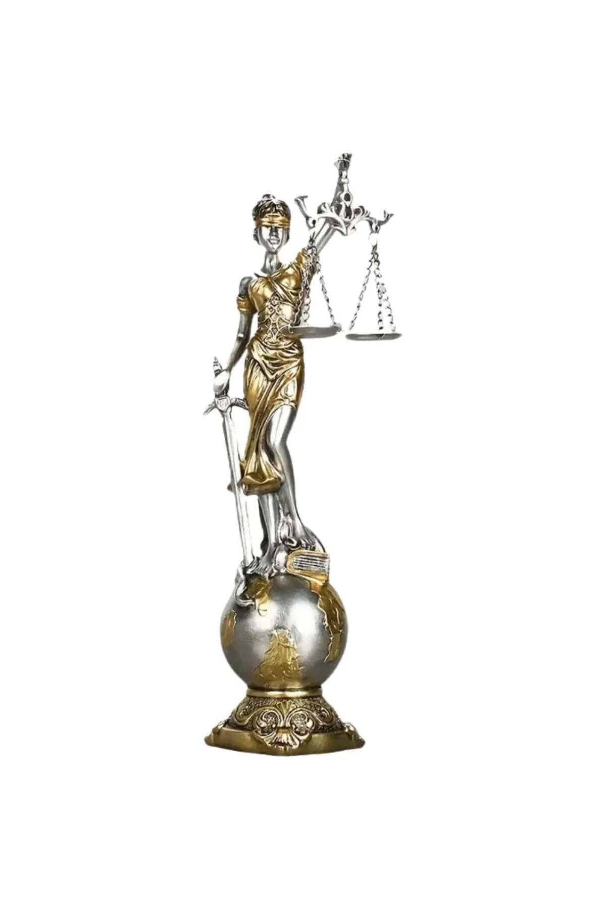 Themis Adalet Terazisi Heykeli ve Dünya Biblo Gümüş 24cm