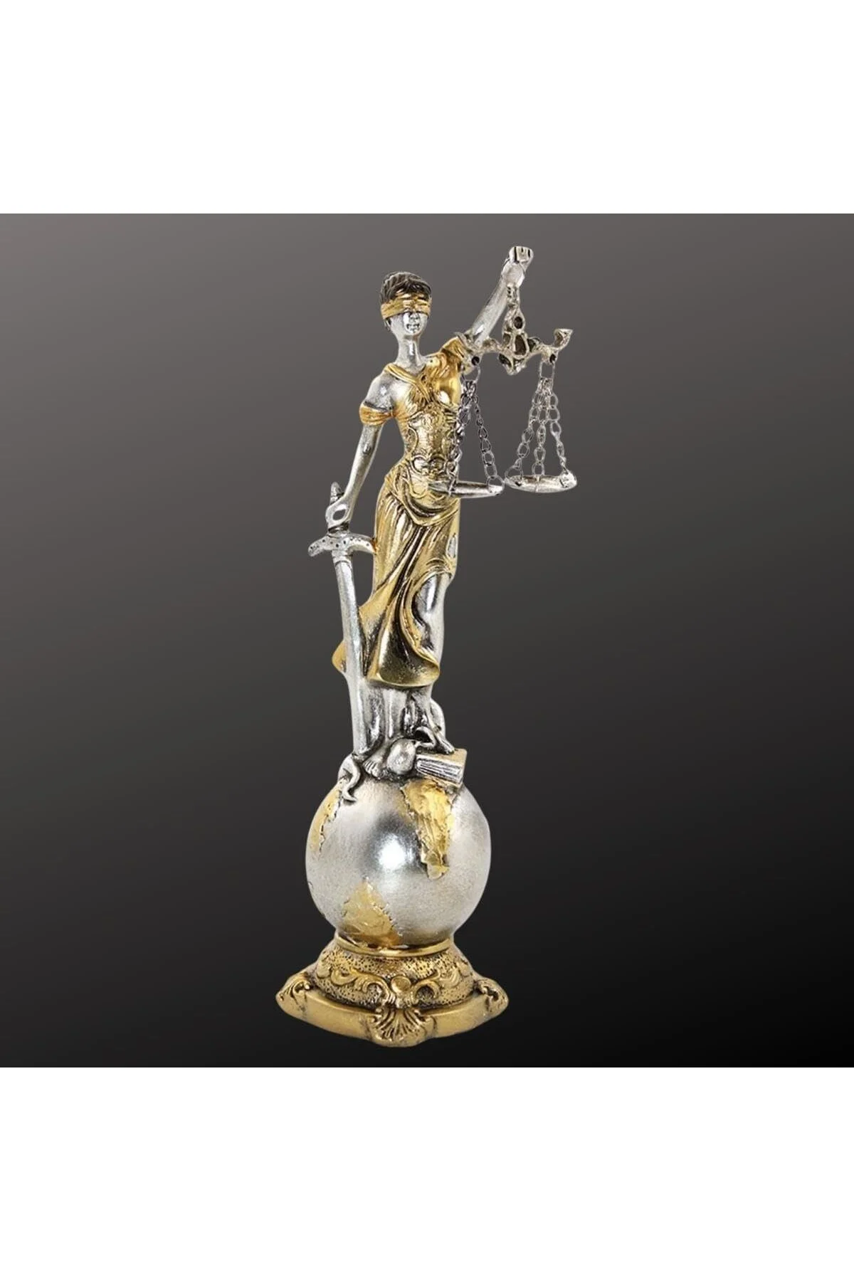 Themis Adalet Terazisi Heykeli ve Dünya Biblo Gümüş 24cm