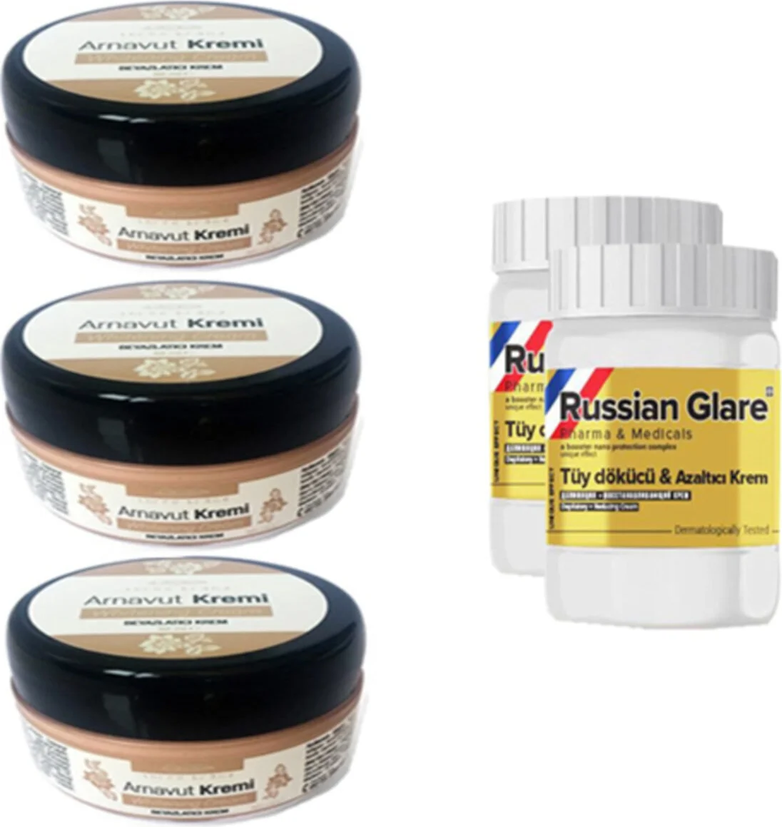 Three Brand Arnavut Aklık Kremi + Russian Glare Tüy Dökücü Azaltıcı Merhem Seti – 3+2 Adet Fiyatı, Yorumları ve Özellikleri