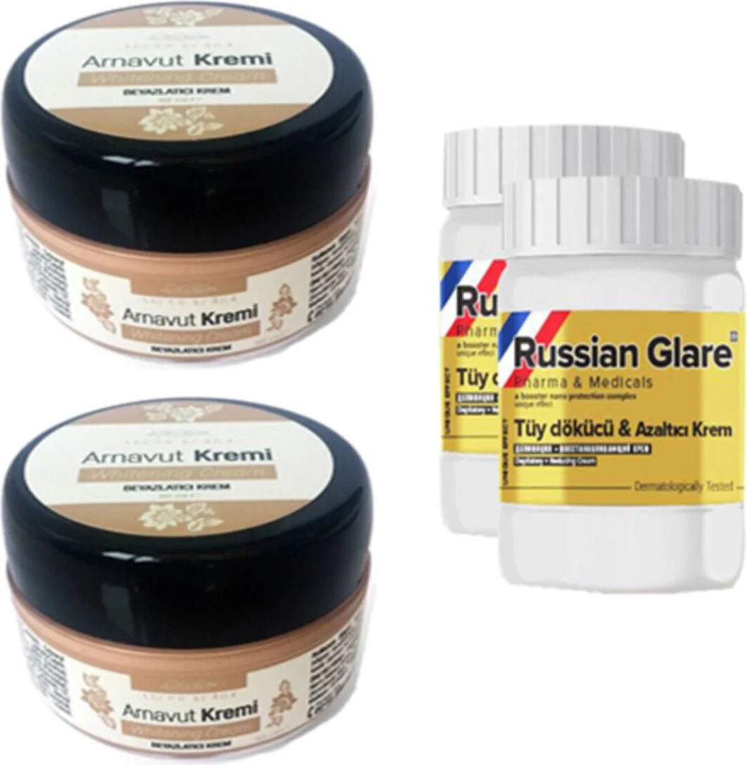 Three Brand ile Uyumlu Arnavut Aklık Kremi 50 ml 2 Ad + Russian Glare ile Uyumlu Tüy Dökücü Azaltıcı Merhem 50 ml 2 Ad