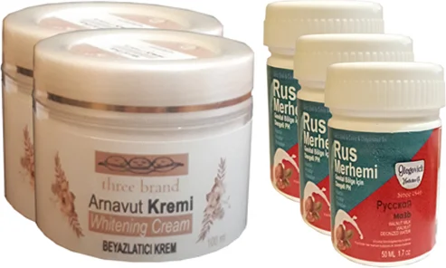 Three Brand Vücut Kremi Seti – Arnavut Kremi 100 ml (2 Adet) + Rus Merhemi 50 ml (3 Adet) | Cilt Bakımı