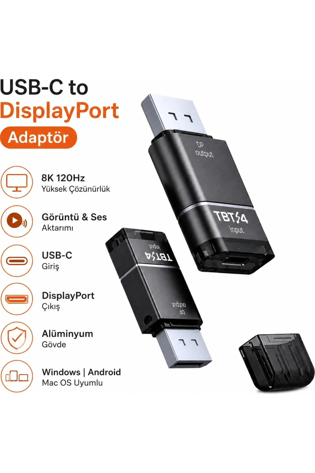 Thunderbolt 4 Type-C to DisplayPort DP Adaptör 8K 120Hz Görüntü ve Ses Aktarımı