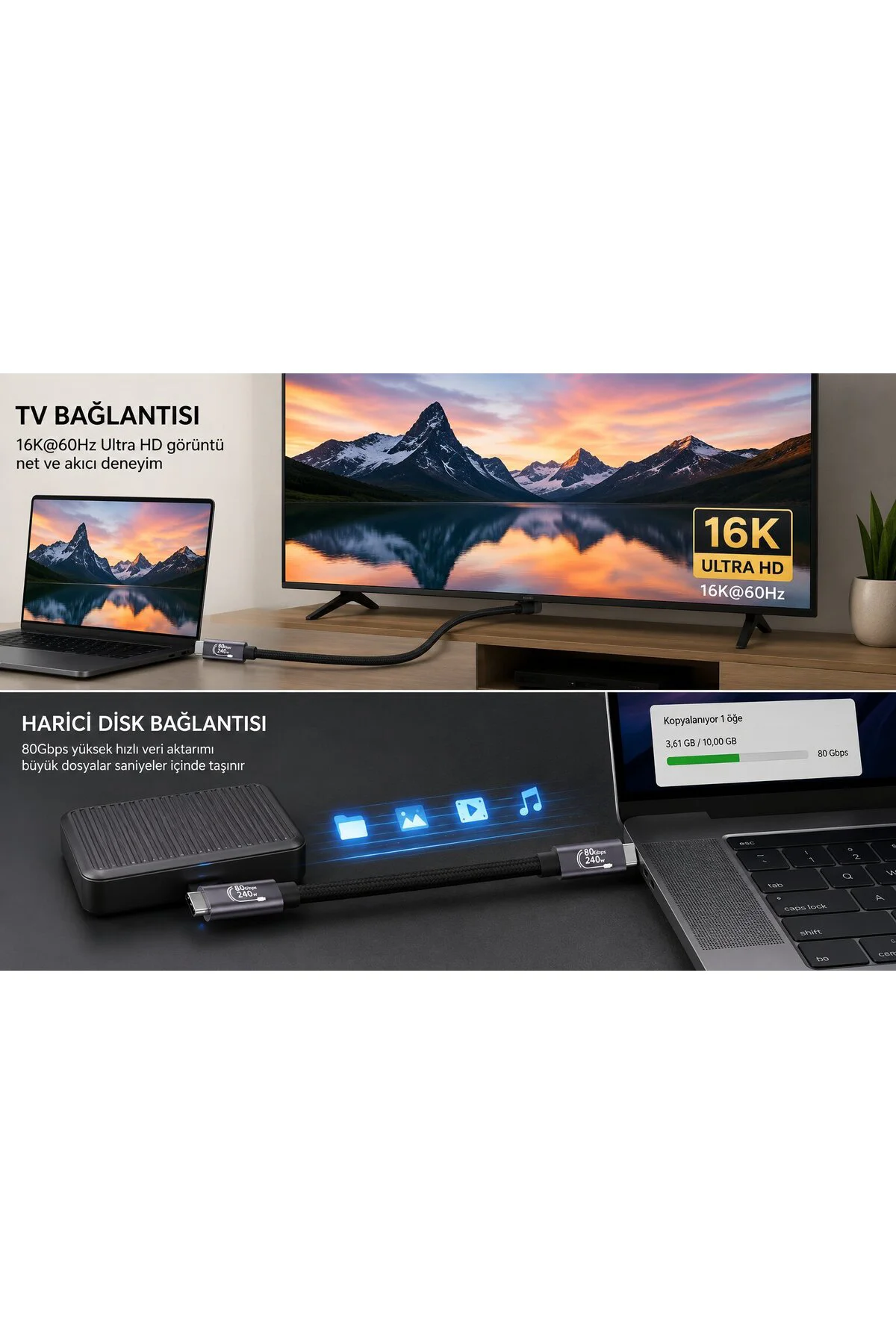 Thunderbolt 5 Type-C Kablo 80Gbps 240W PD 3.1 16K 60Hz 1.8 Metre Zr1325 Thunderbolt 5 Type-C Kablo 80Gbps 240W PD 3.1 16K 60Hz 1.8 Metre Zr1325 Fiyatı, Yorumları ve Özellikleri