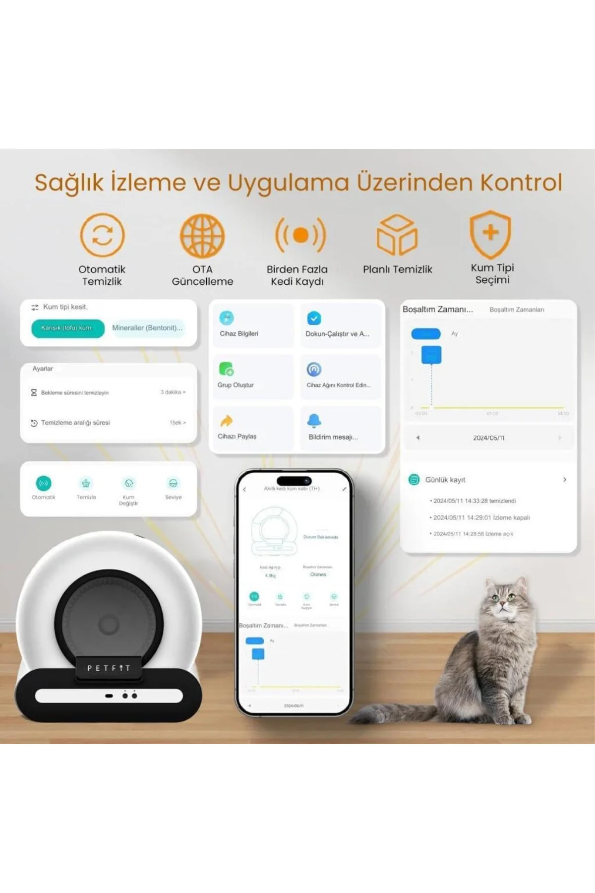 Ti+ 65L Wi-Fi Akıllı Otomatik Kedi Tuvaleti Kum Kabı Siyah (Ultra Sessiz+APP Kontrol+Ak