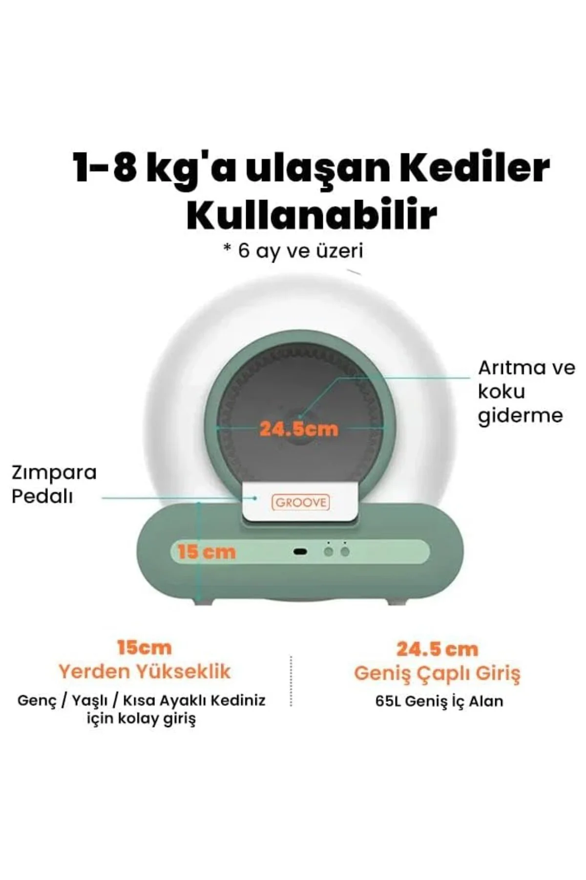 Ti+ Wi-Fi Akıllı Kedi Tuvaleti, 65L Kapasite, 9L Çöp Torbası, 1-8