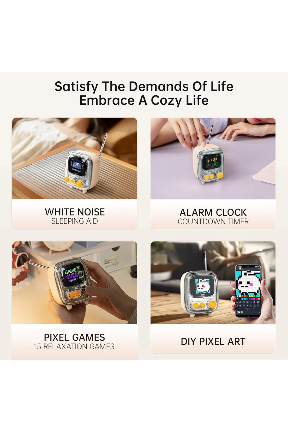 Tiivoo-2 FM Radyo Bluetooth Hoparlör Çalar Saatli, Pixel Art Retro Mini Küçük Sevimli Tiivoo-2 FM Radyo Bluetooth Hoparlör Çalar Saatli, Pixel Art Retro Mini Küçük Sevimli