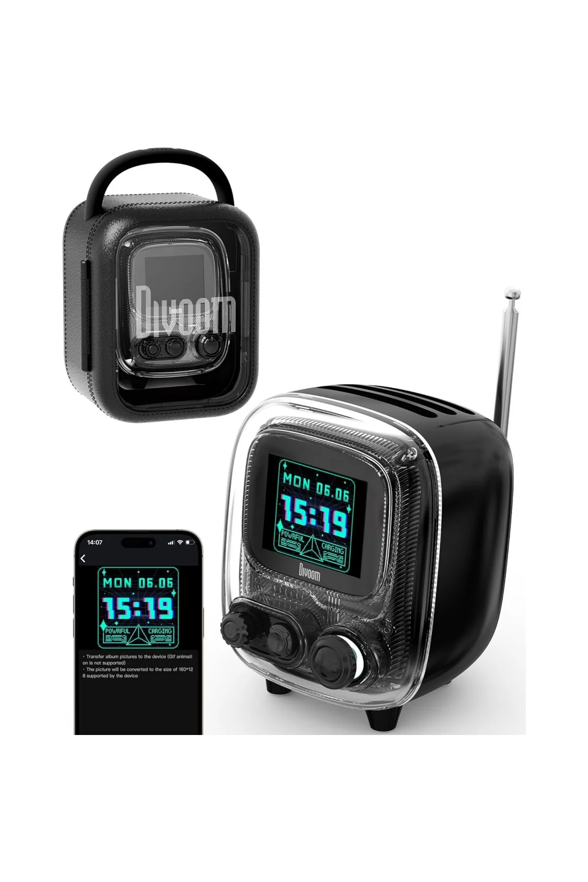 Tiivoo-2 FM radyolu taşınabilir Bluetooth hoparlör, piksel sanatı