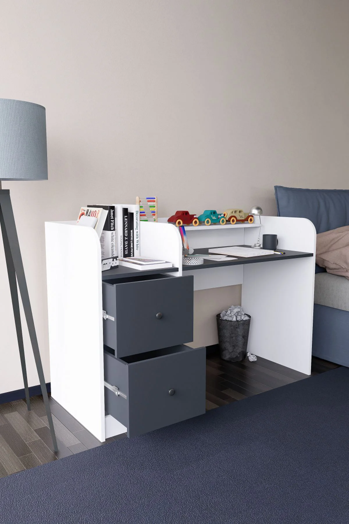 Tilup Çalışma Masası Beyaz-Antrasit Çocuk Odası Çalışma Masası Çe