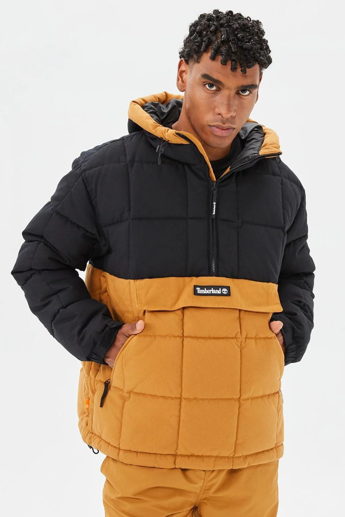 Timberland Progressive Utility Pullover Puffer Erkek 1/2 Fermuarlı Kapüşonlu Şişme Mont Taba-Siyah