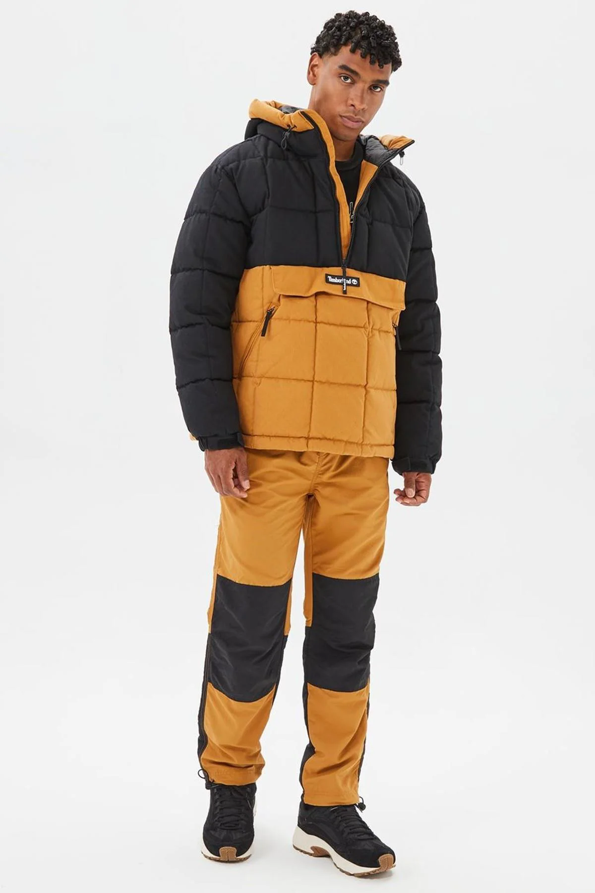 Timberland Progressive Utility Pullover Puffer Erkek 1/2 Fermuarlı Kapüşonlu Şişme Mont Taba-Siyah