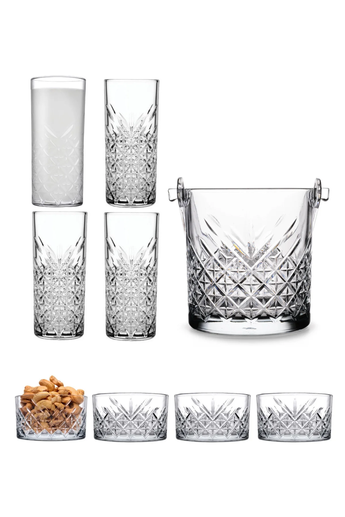 Timeless 9 Parçalı Rakı Seti – 4 Rakı Bardağı, 4 Çerezlik, 1 Buz 