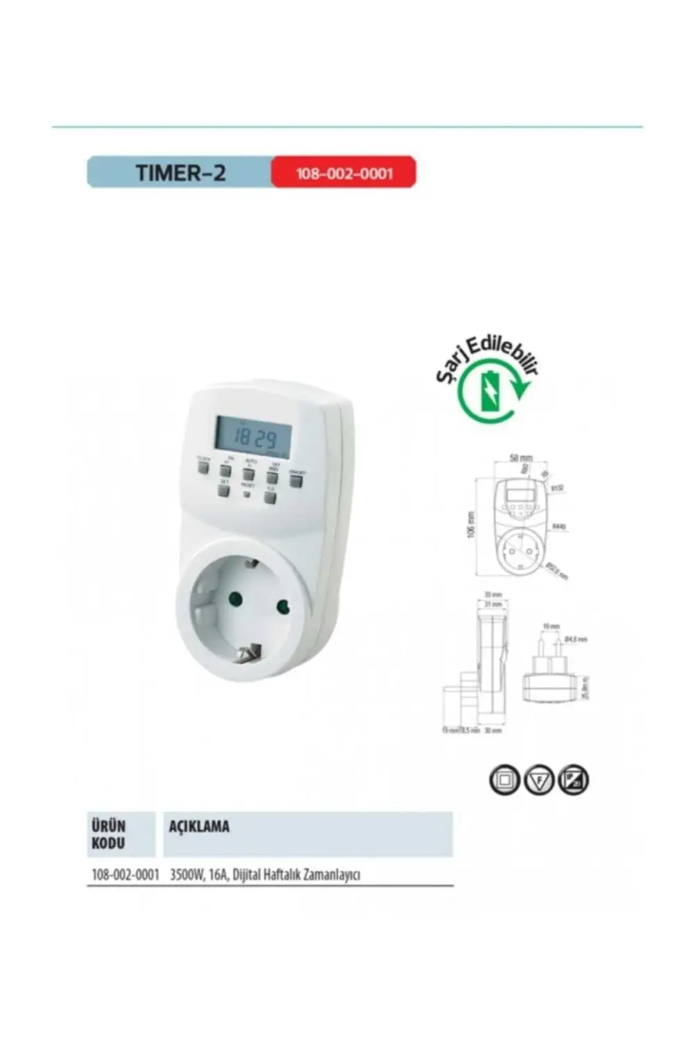 Tımer-2 Priz Tipi Dijital Zaman Saati Haftalık Zamanlama Ücretsiz