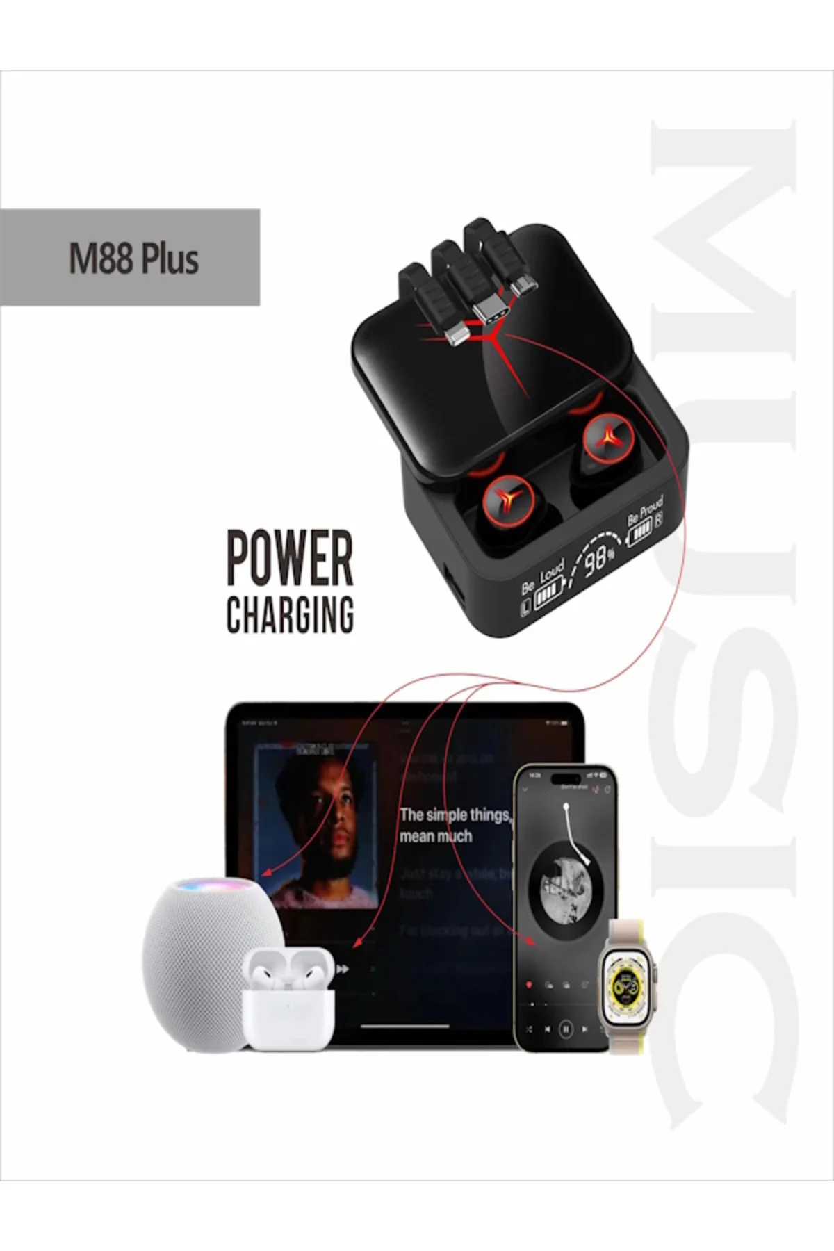 Time&Tech M88Plus BT 5.2 kablosuz kulaklık M88 artı 2 in 1 kulaklık ve powerbank 1200 mah