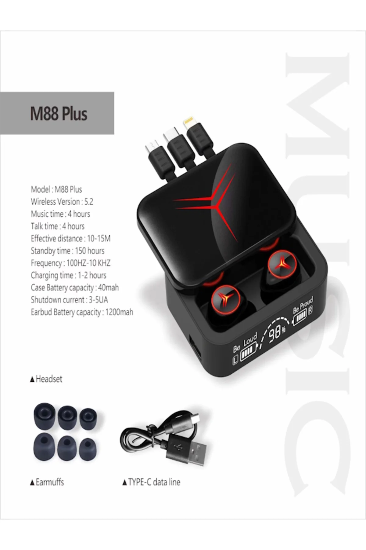Time&Tech M88Plus BT 5.2 kablosuz kulaklık M88 artı 2 in 1 kulaklık ve powerbank 1200 mah