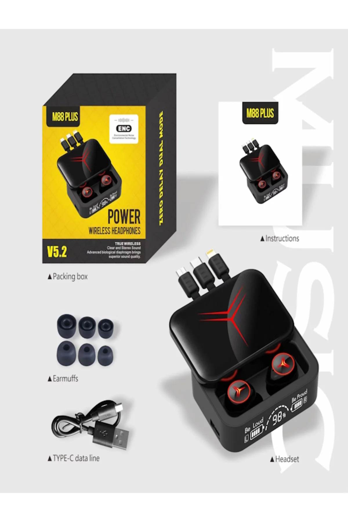 Time&Tech M88Plus BT 5.2 kablosuz kulaklık M88 artı 2 in 1 kulaklık ve powerbank 1200 mah