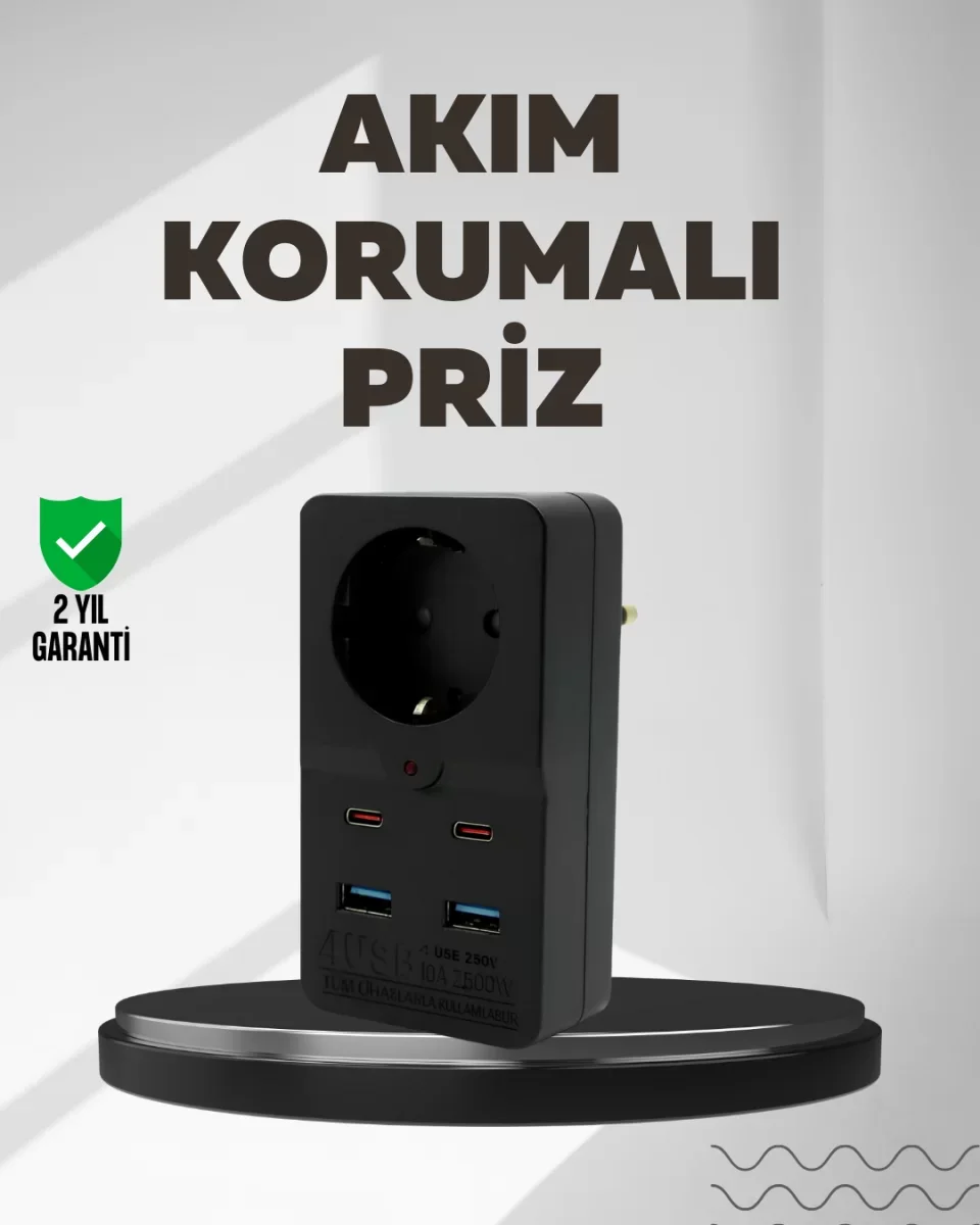 Tip Akım Koruma Prizi 10A 2500W USB Type C Destekli - Lisinya