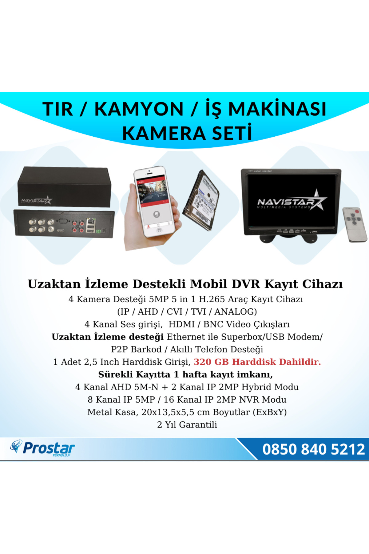 Navistar Tır Kamyon İş Makinası İçin Uzaktan İzlemeli 4 Kameralı 320 Gb Ha