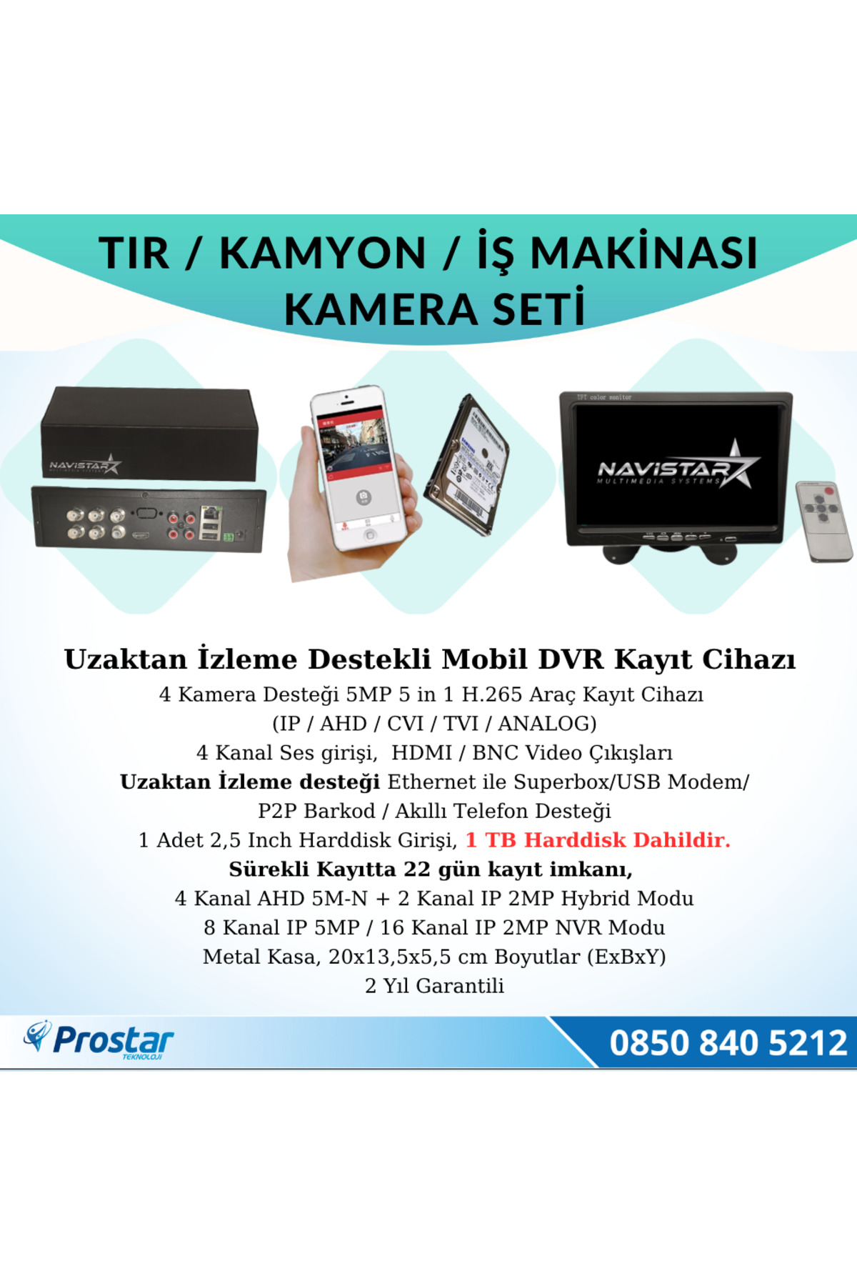 Navistar Tır Kamyon İş Makinası İçin Uzaktan İzlemeli 4 Kameralı 1 Tb Hard