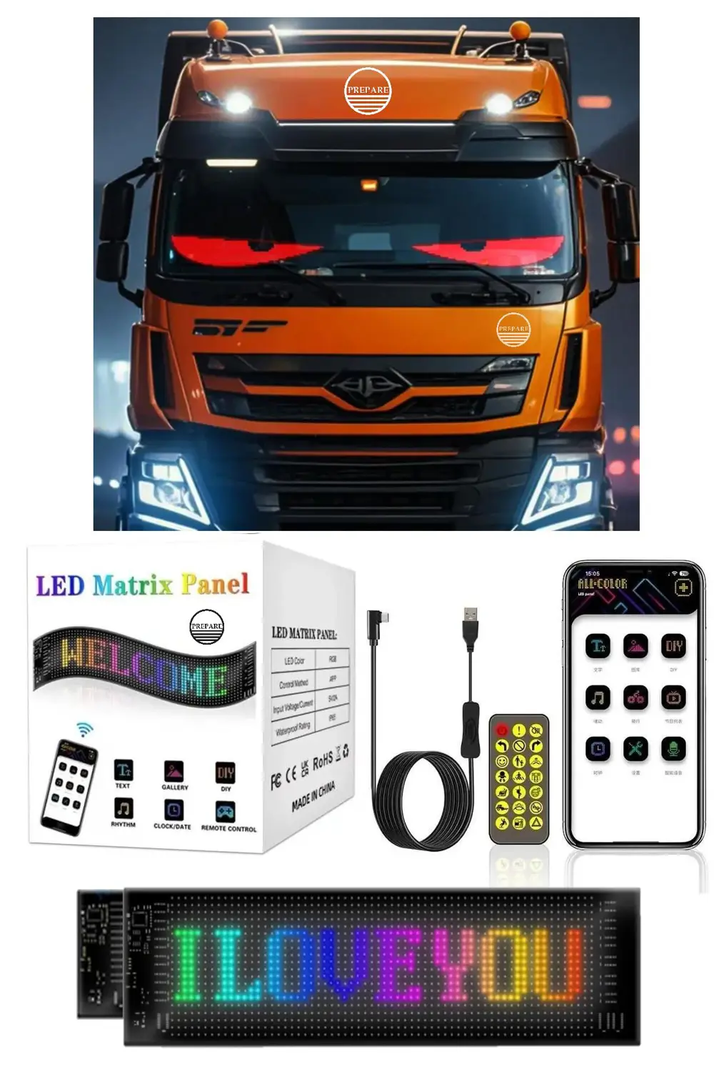 Tır Kamyon Uyumlu 60 cm Led Matrx RGB Panel Kumandalı 4 Mt Kablol