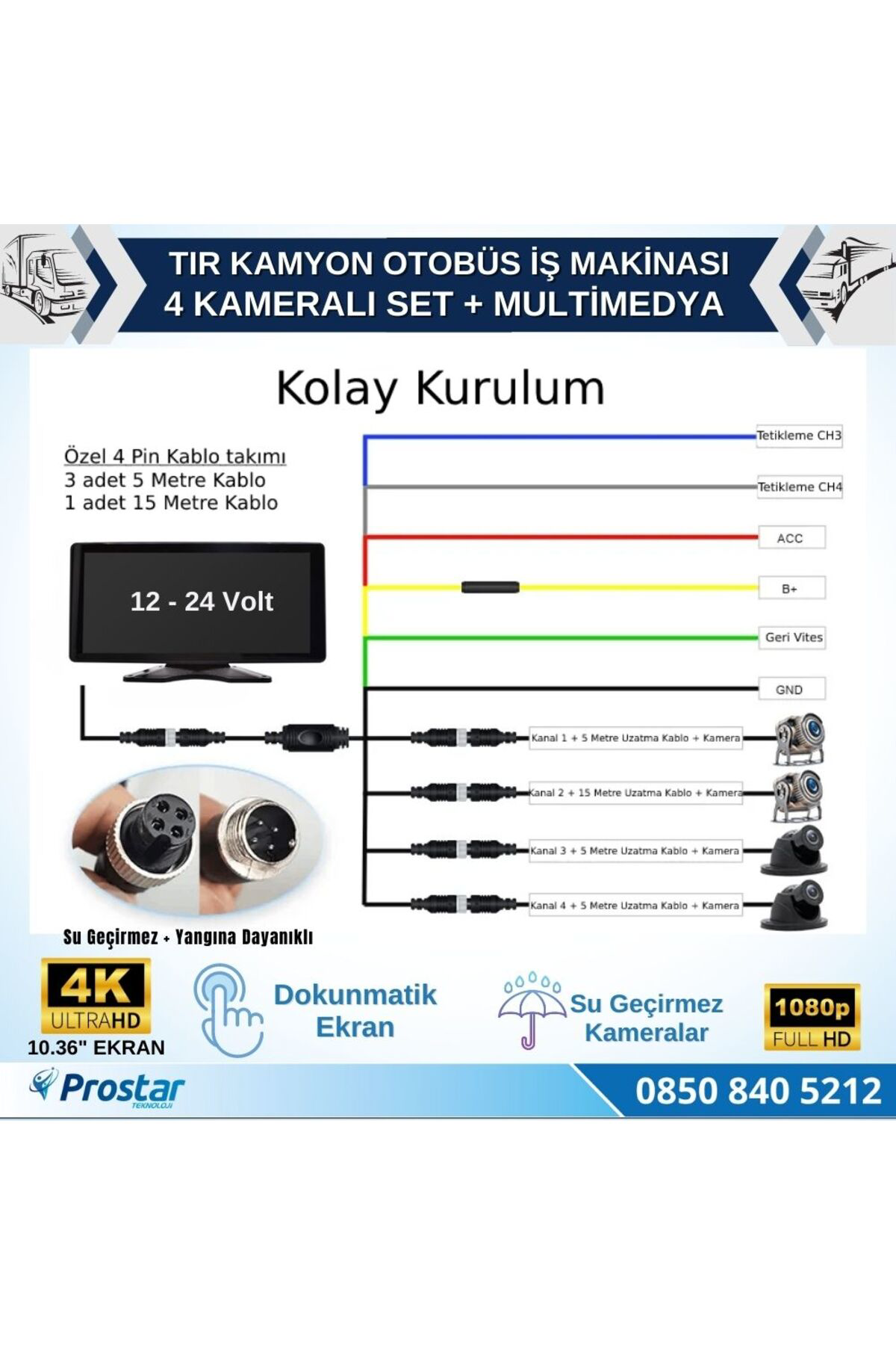 Tır ve Kamyon 10.36" Dokunmatik Ekranlı 4 Kameralı Kayıtlı Video 