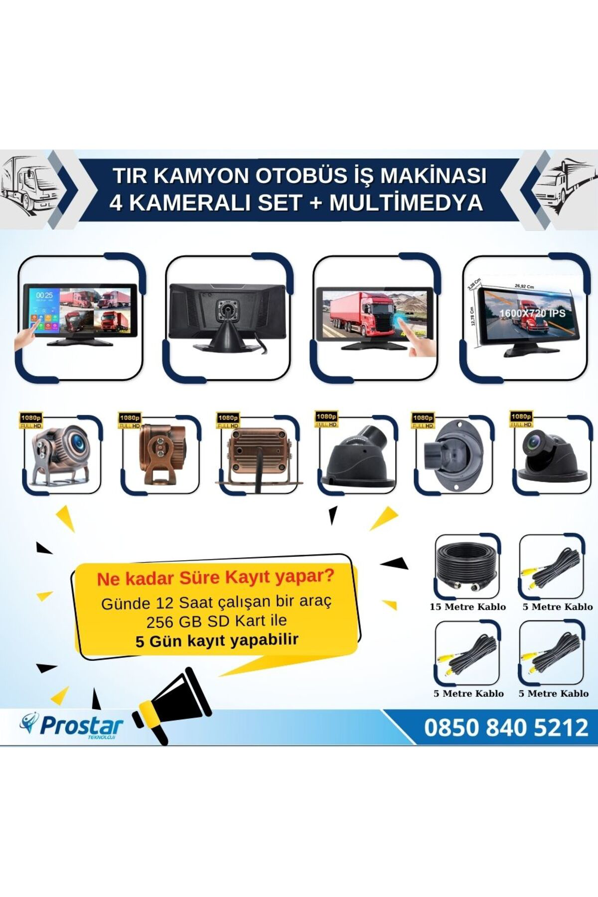 Tır ve Kamyon 10.36" Dokunmatik Ekranlı 4 Kameralı Kayıtlı Video 