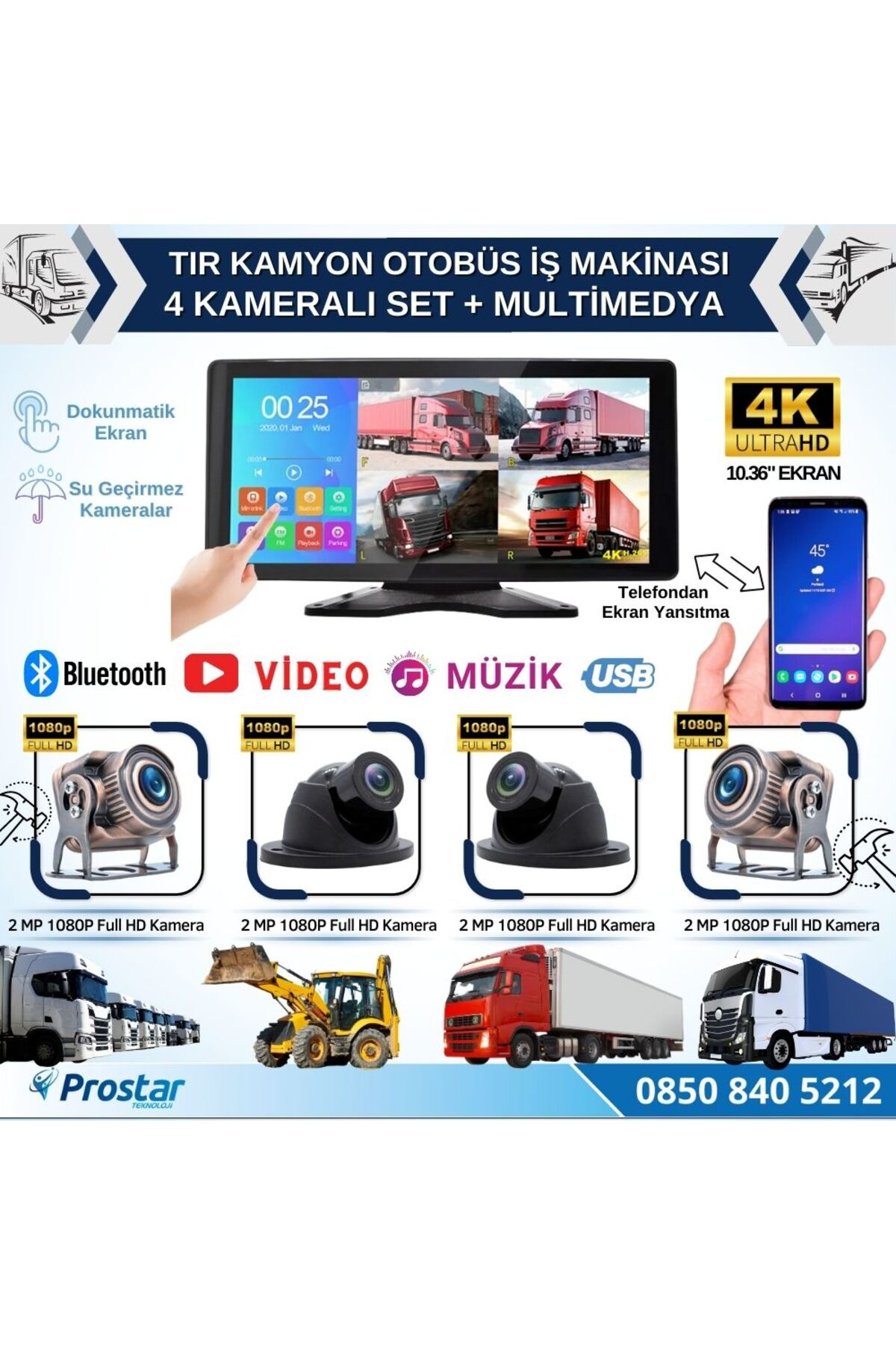 Tır ve Kamyon 10.36" Dokunmatik Ekranlı 4 Kameralı Kayıtlı Video 