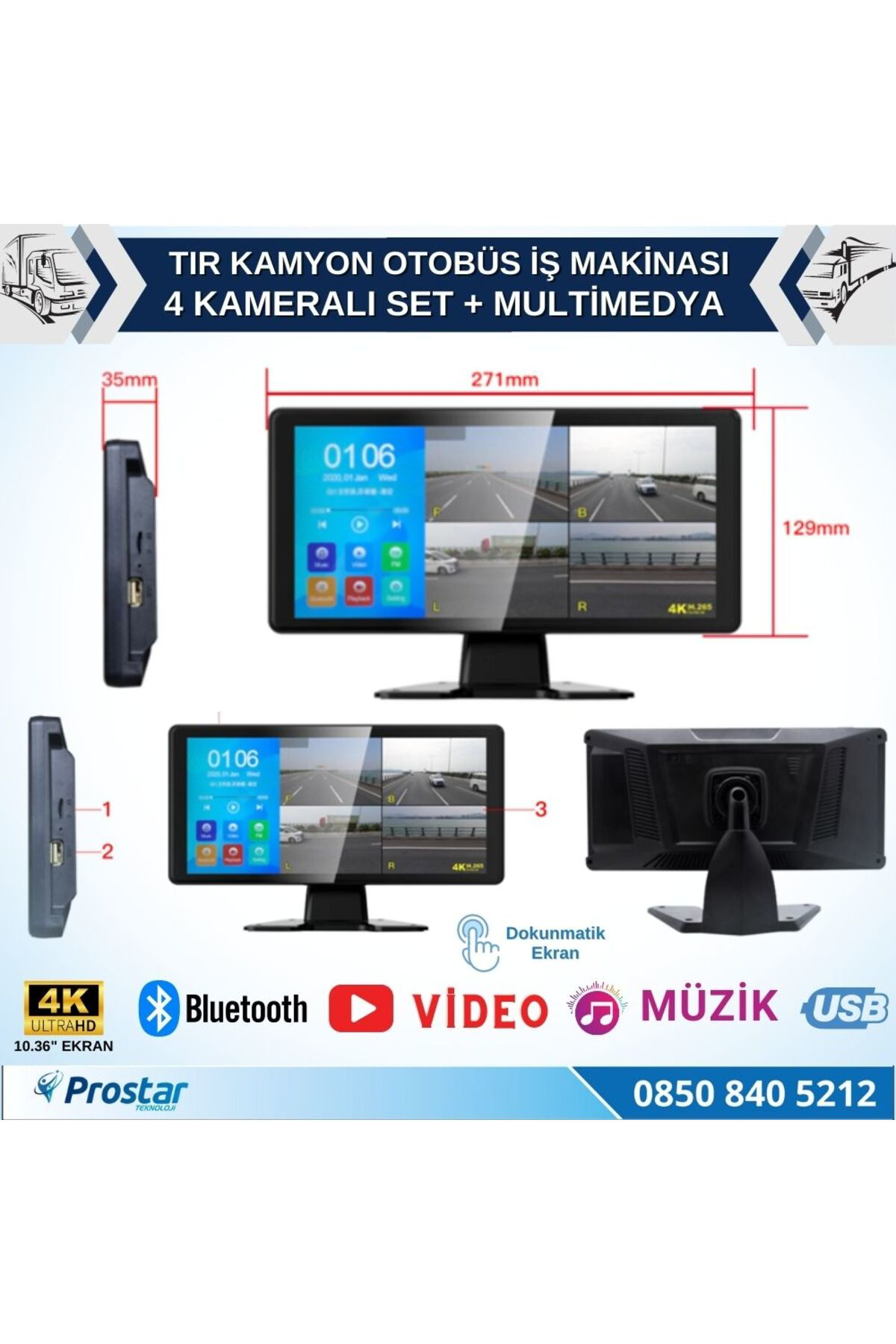 Tır ve Kamyon 10.36" Dokunmatik Ekranlı 4 Kameralı Kayıtlı Video 