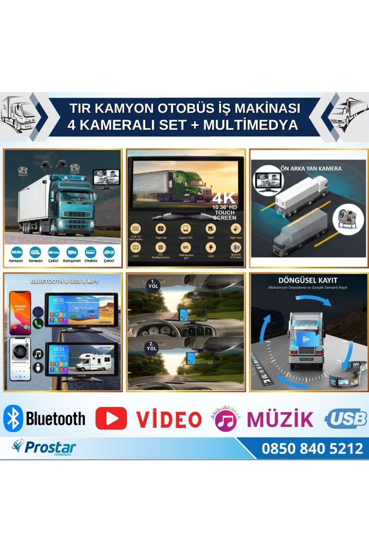 Tır ve Kamyon 10.36" Dokunmatik Ekranlı 4 Kameralı Kayıtlı Video 