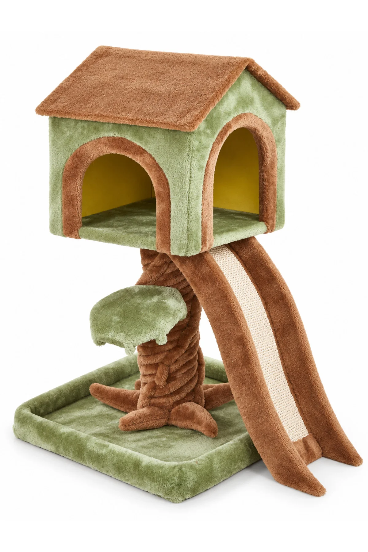 Tırmalamalı Kedi Evi Ağaç Tasarımlı Rampalı Peluş Kedi Ağacı Yeşil Kahverengi Tırmalamalı Kedi Evi Ağaç Tasarımlı Rampalı Peluş Kedi Ağacı Yeşil Kahverengi
