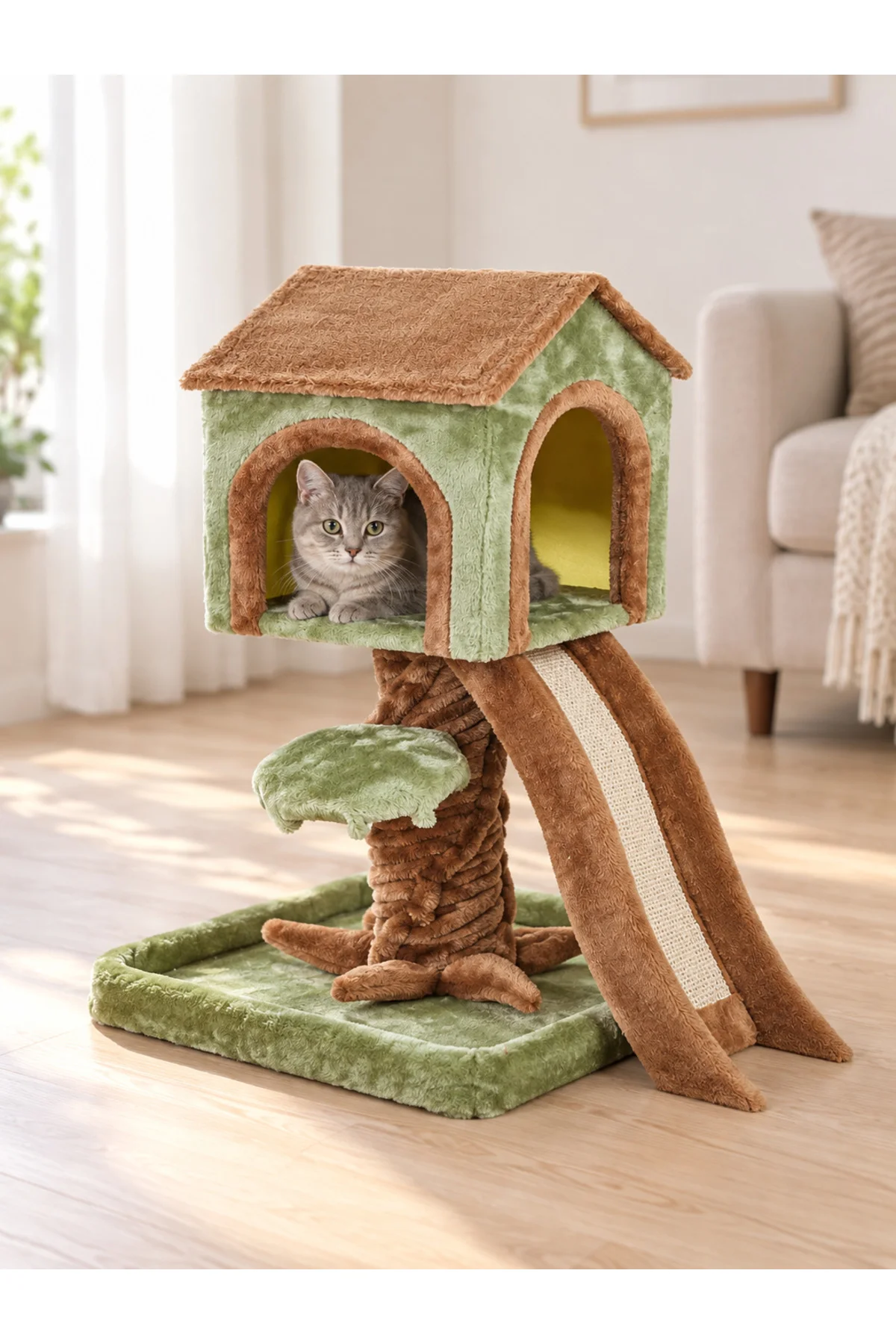 Tırmalamalı Kedi Evi Ağaç Tasarımlı Rampalı Peluş Kedi Ağacı Yeşil Kahverengi Tırmalamalı Kedi Evi Ağaç Tasarımlı Rampalı Peluş Kedi Ağacı Yeşil Kahverengi