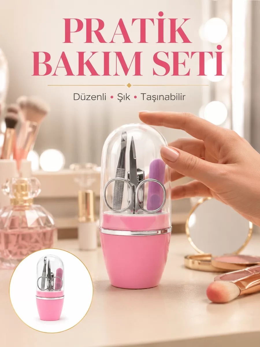 Tırnak Bakım Manikür Pedikür Seti 4 Parça Pembe Ev ve Seyahat Uyumlu Yeni Nesil