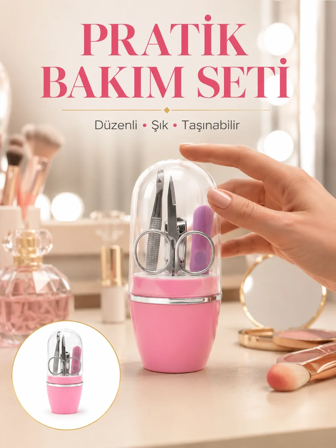 Tırnak Bakım Manikür Pedikür Seti 4 Parça Pembe Ev ve Seyahat Uyu