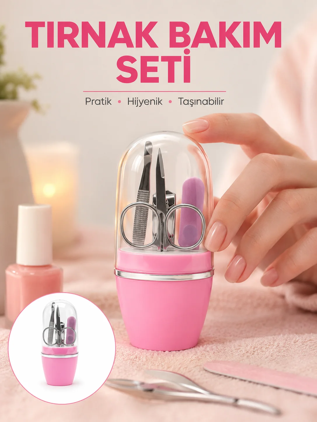 Tırnak Bakım Manikür Pedikür Seti 4 Parça Pembe Minimal ve Dayanıklı