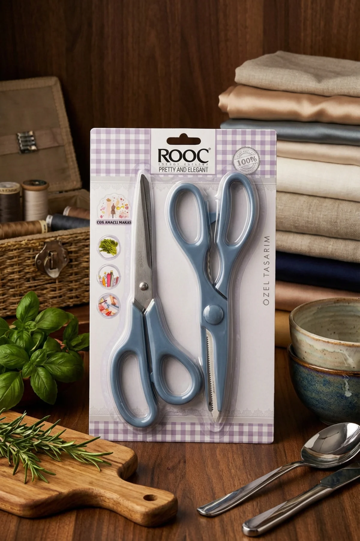 Tırtıklı Ağız 2'li Çok Amaçlı Makas Seti – Büyük Boy Mavi, 22 Cm