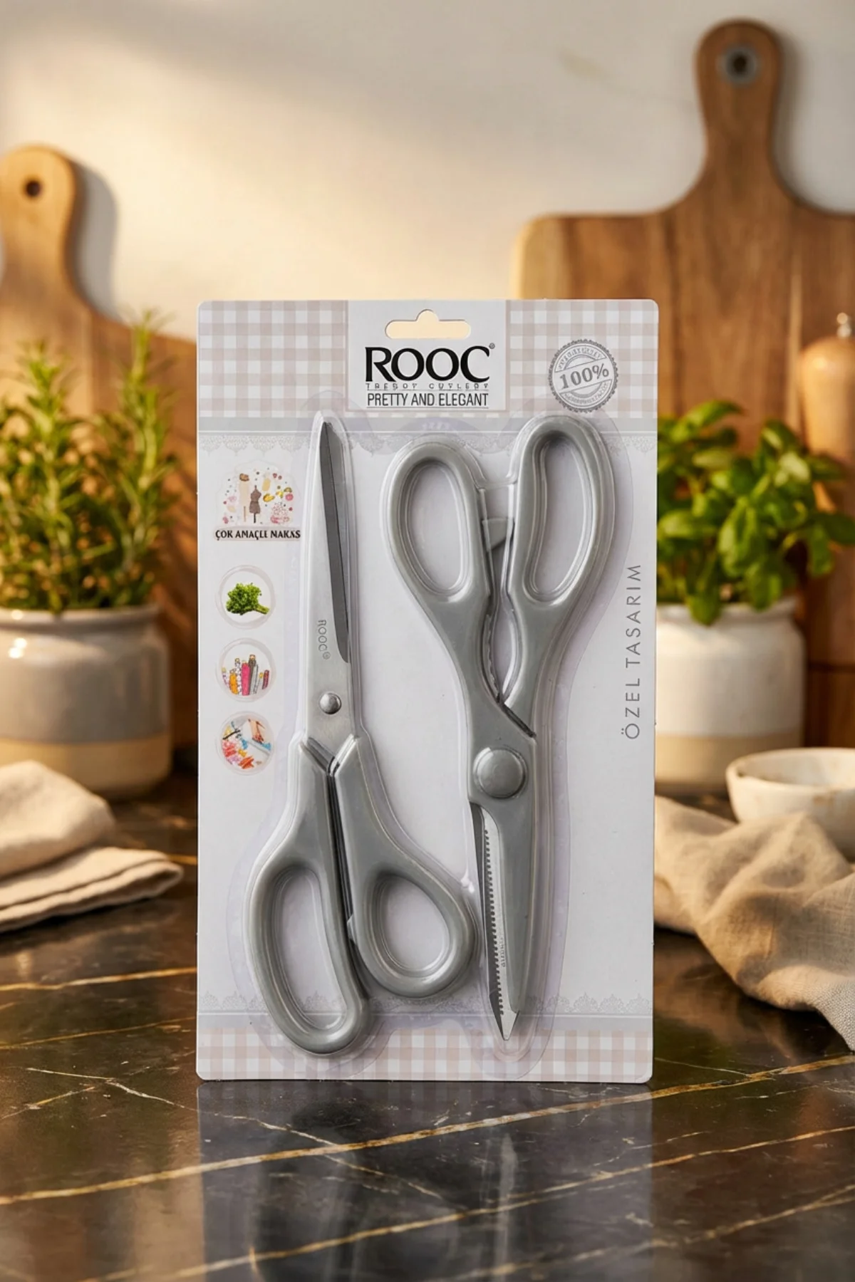 Tırtıklı Ağız 2'li Çok Amaçlı Makas Seti – Büyük Boy Gri, 22 Cm