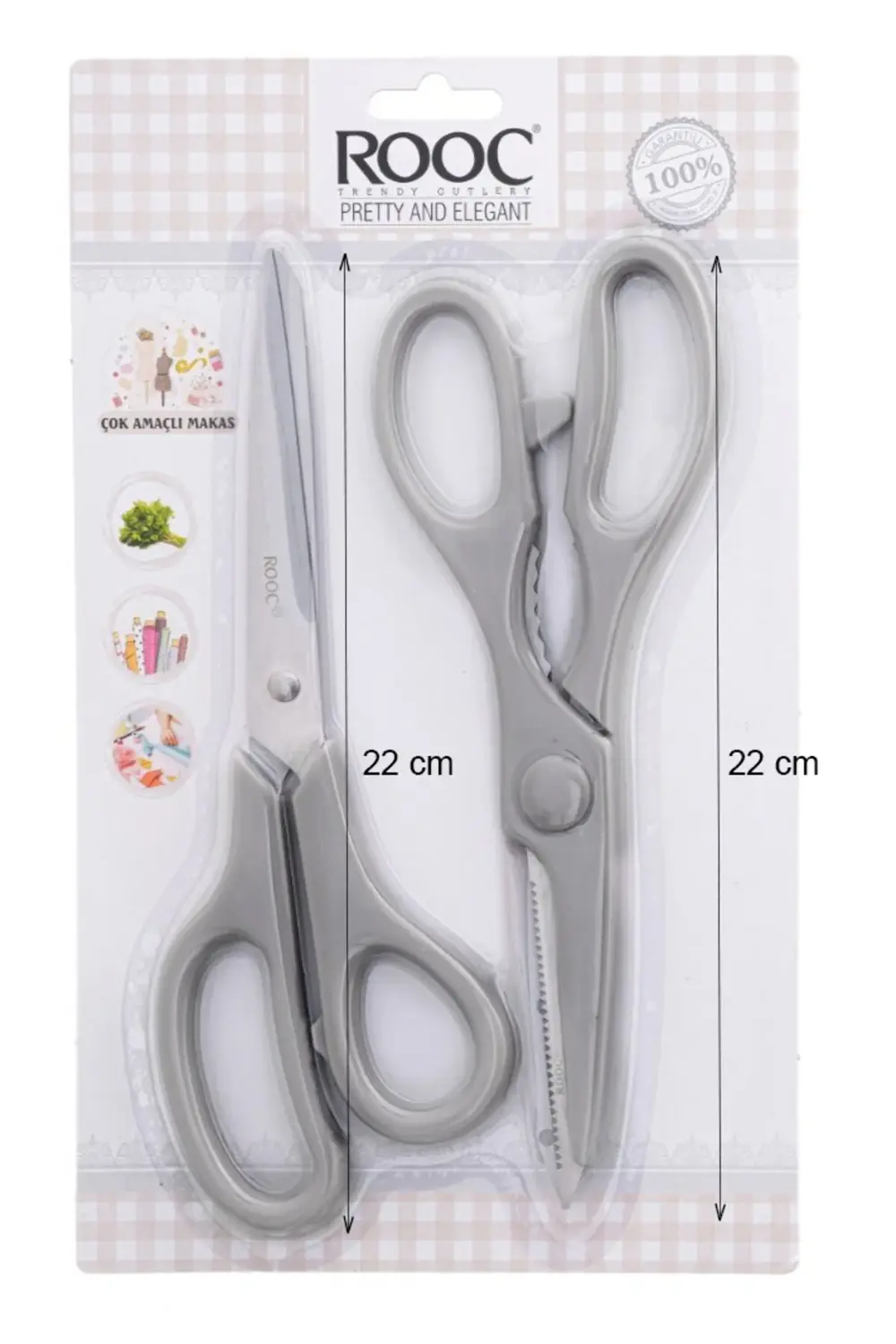 Tırtıklı Ağız 2'li Çok Amaçlı Makas Seti – Büyük Boy Gri, 22 Cm