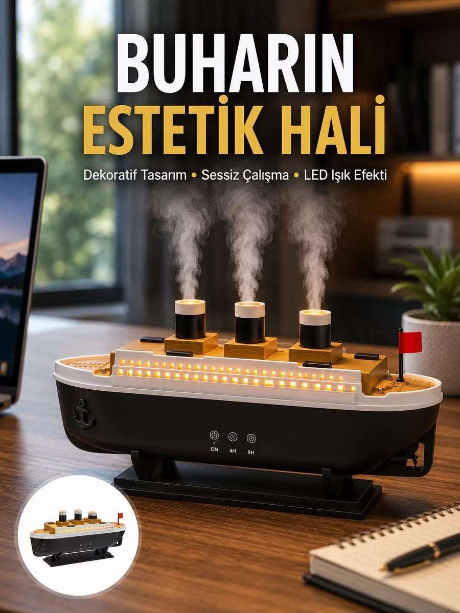 Titanic Gemi Modeli Işıklı Nemlendirici ve Difüzör - 7 Renk Işık, Aromaterapi Desteği