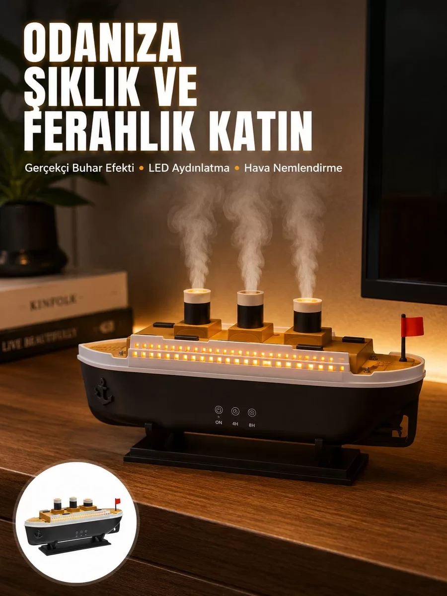 Titanik Gemi Temalı LED Işıklı Aroma Difüzörü - Ultra Sessiz Oda Nemlendirici ve Gece Lambası