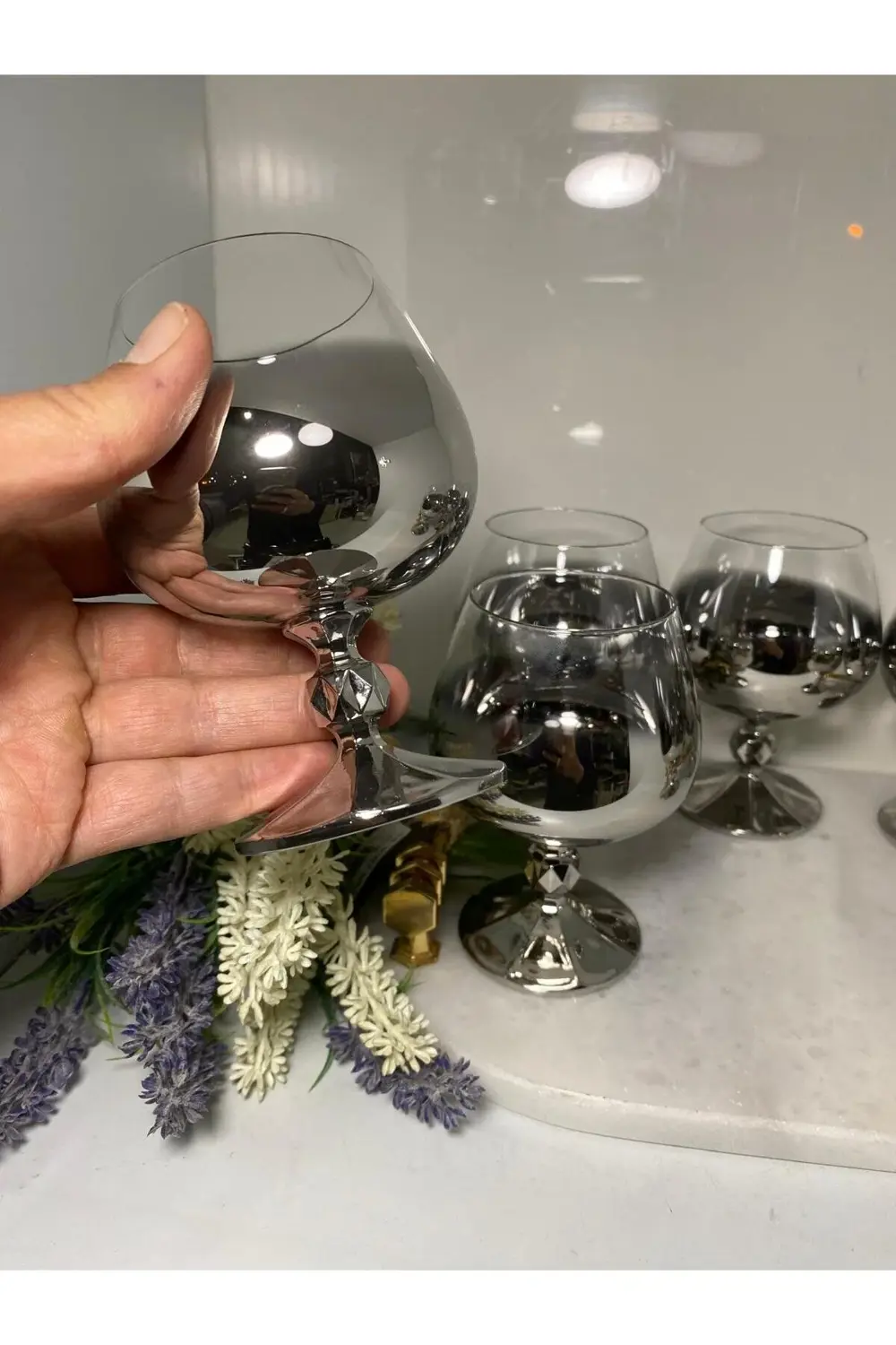 Titanyum Kaplama Kristal Kahve Yanı Ayaklı Kadeh (Makine Garantil