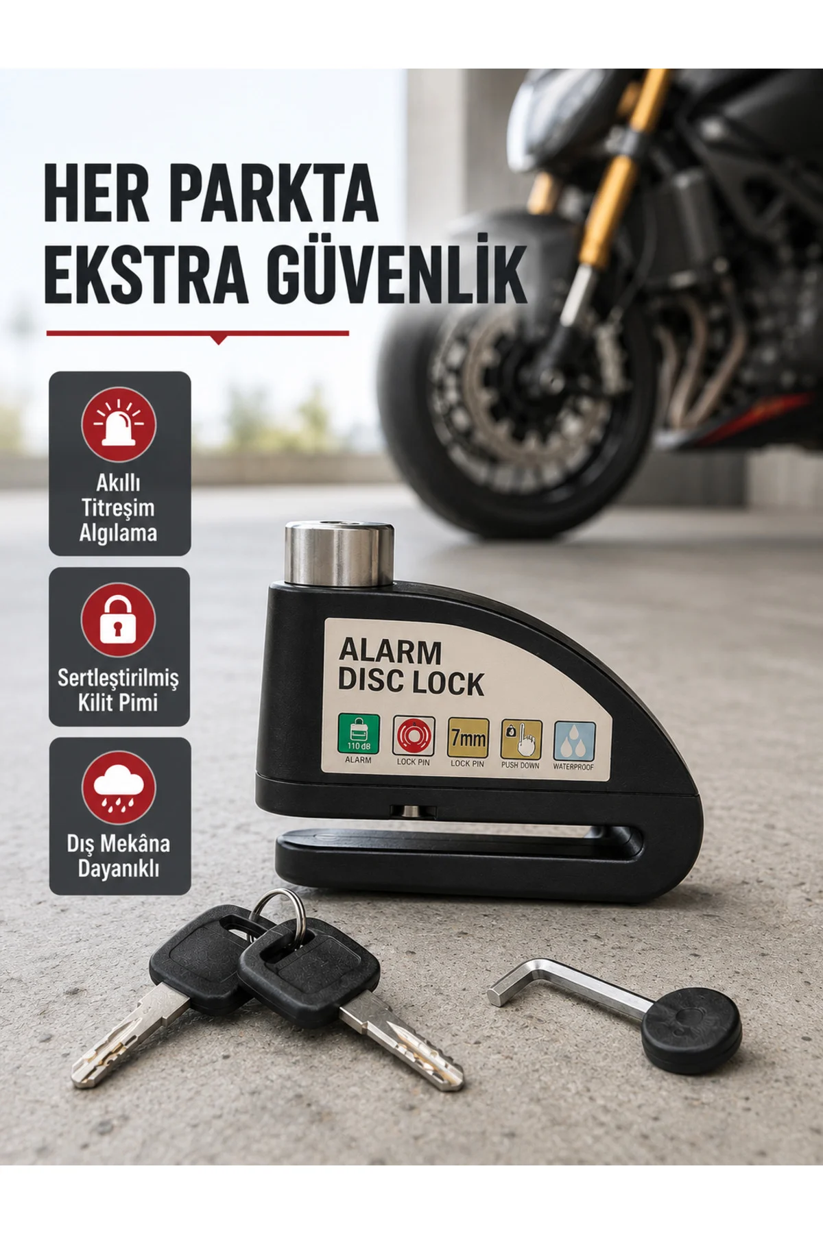 Titreşim Sensörlü Alarmlı Motosiklet Disk Kilidi 14Mm Çelik Çift Kilitleme Titreşim Sensörlü Alarmlı Motosiklet Disk Kilidi 14Mm Çelik Çift Kilitleme