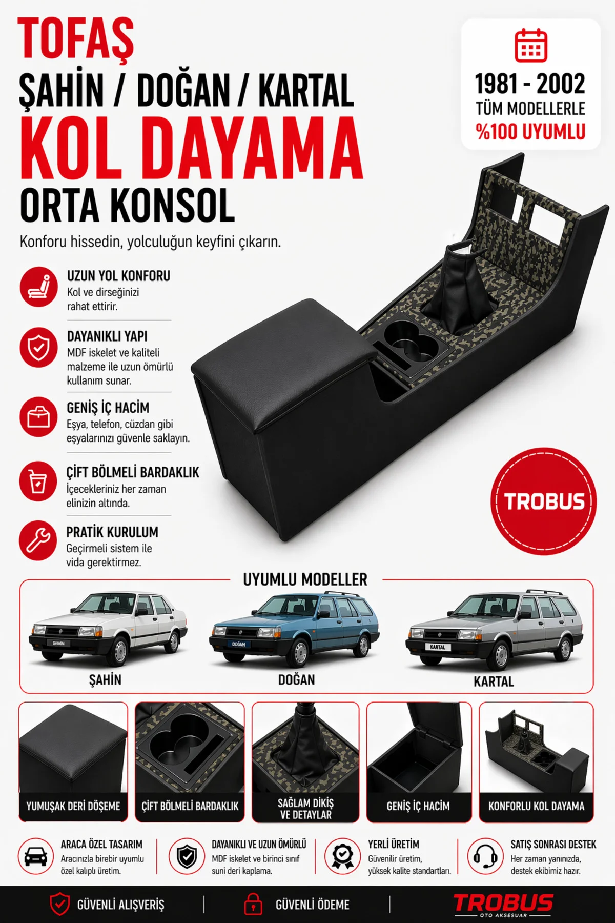Tofaş Kartal L SL SLX 1981-2002 Tam Boy Orta Konsol Kol Dayama Bardaklıklı Deri Siyah Kamuflaj Tofaş Kartal L SL SLX 1981-2002 Tam Boy Orta Konsol Kol Dayama Bardaklıklı Deri Siyah Kamuflaj Fiyatı, Yorumları ve Özellikleri