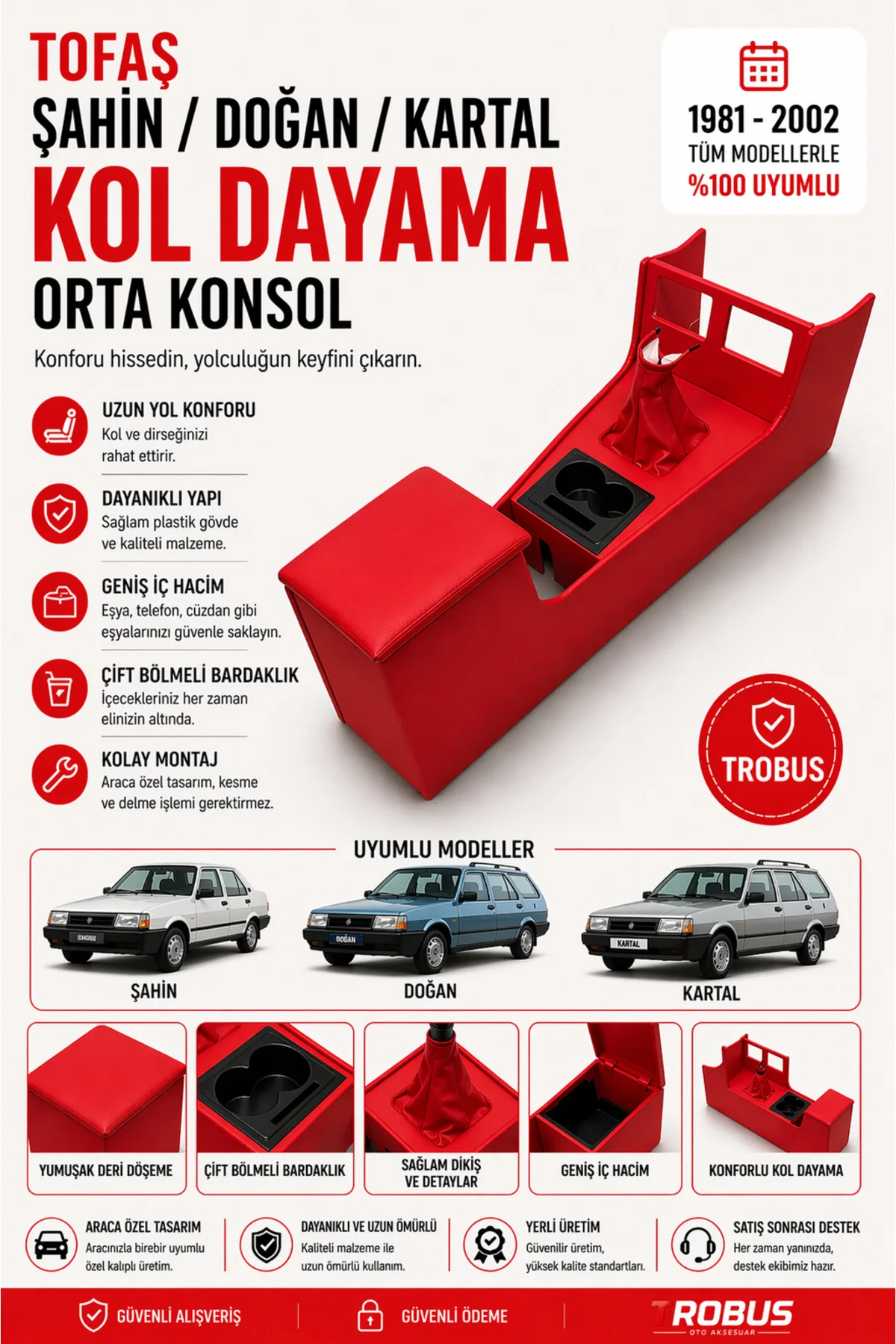 Tofaş Kartal L SL SLX 1.6 ie 1981-2002 Tam Boy Orta Konsol Kol Dayama Bardaklıklı Kırmızı Tofaş Kartal L SL SLX 1.6 ie 1981-2002 Tam Boy Orta Konsol Kol Dayama Bardaklıklı Kırmızı